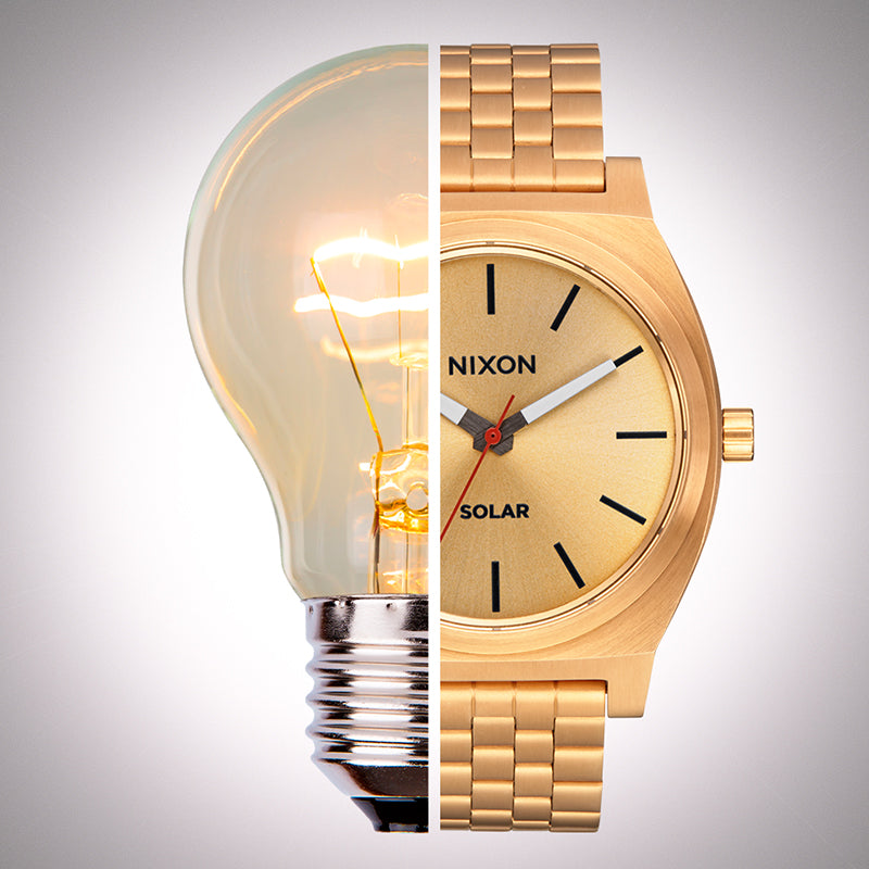 Split image of a glowing light bulb and a gold Nixon 'Solar' watch.